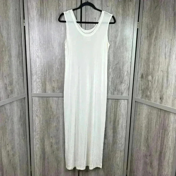 Flax Maxi Dress Ivory Sleeveless Stretch See Through Coverup Slit Jersey Sz M - Picture 1 of 7